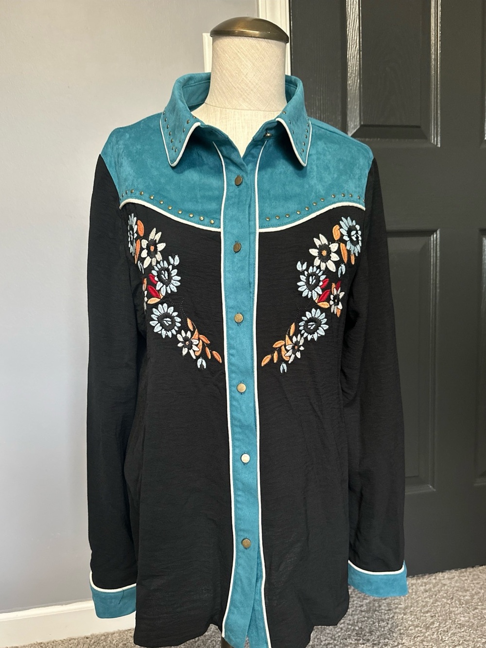 JOHN MOON Western Button Down Cowgirl Shirt Boho Med Long Sleeve Fringe